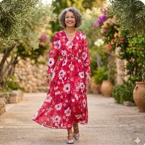 Alexa B. Nites Floral Smocked Waist Faux Wrap Long Sleeve Maxi Dress